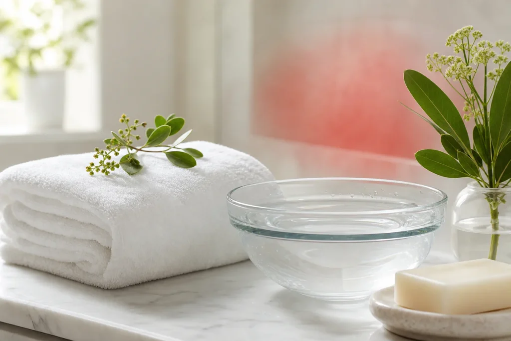 Clean medical wellness still life with a towel, lukewarm water and gentle soap symbolizing safe natural relief for intimate s