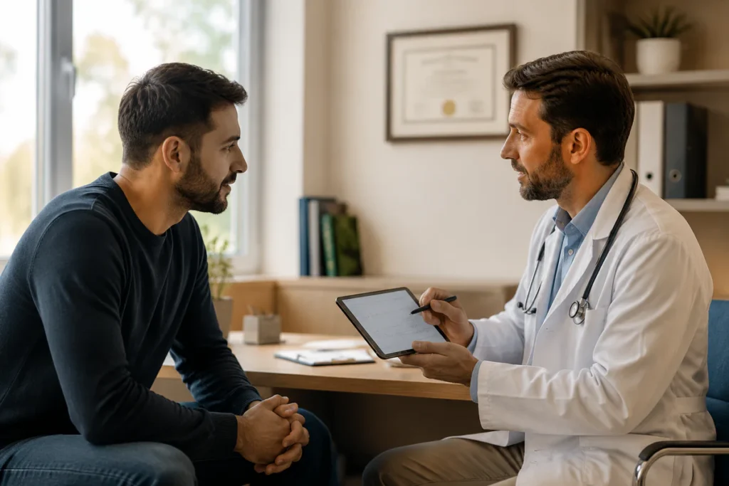 Un homme en consultation rassurante avec un medecin dans un cabinet medical lumineux, illustrant un echange de confiance sur