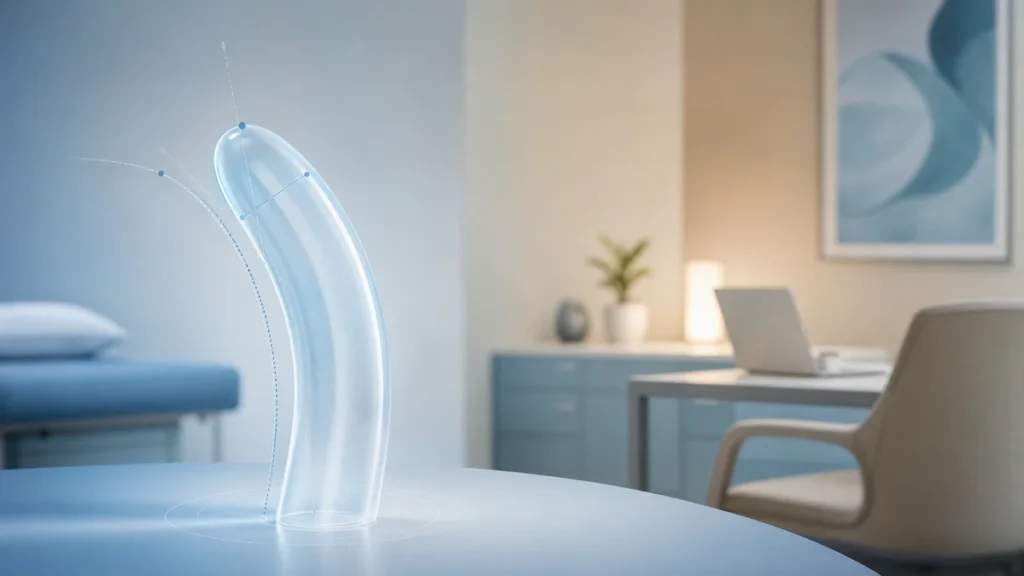 Illustration médicale abstraite évoquant l'évaluation d'une courbure pénienne vers la gauche dans un contexte clinique rassur