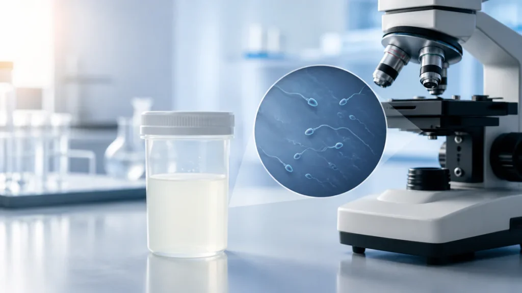 Illustration of a translucent semen sample beside a microscope showing abstract sperm cells, symbolizing that appearance alon
