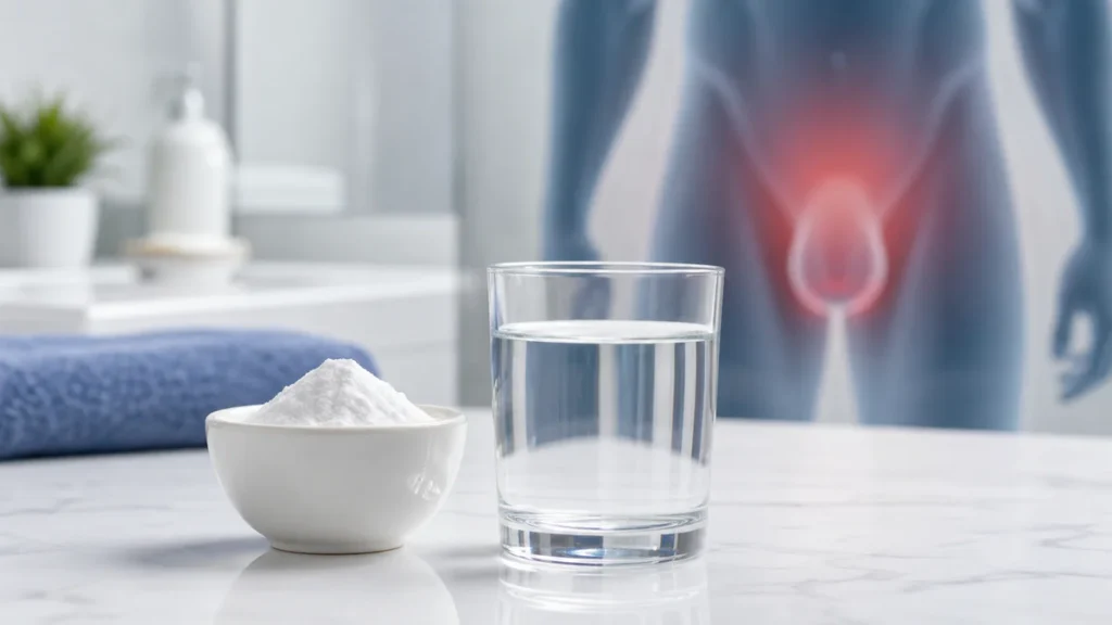 Bicarbonate de soude et eau présentés dans une salle de bains, avec une évocation abstraite de l’inflammation génitale et de