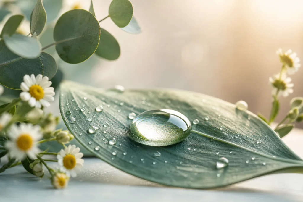 Photographie macro professionnelle d'une goutte d'eau reposant délicatement sur une feuille verte entourée de petites gouttel