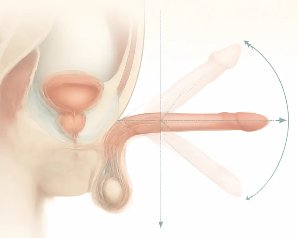 Illustration médicale abstraite représentant les différentes orientations anatomiques possibles du pénis en érection, avec de