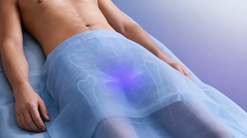 Illustration representing a localized bluish-purple bruise on the penis and the need to assess pain and warning signs with a