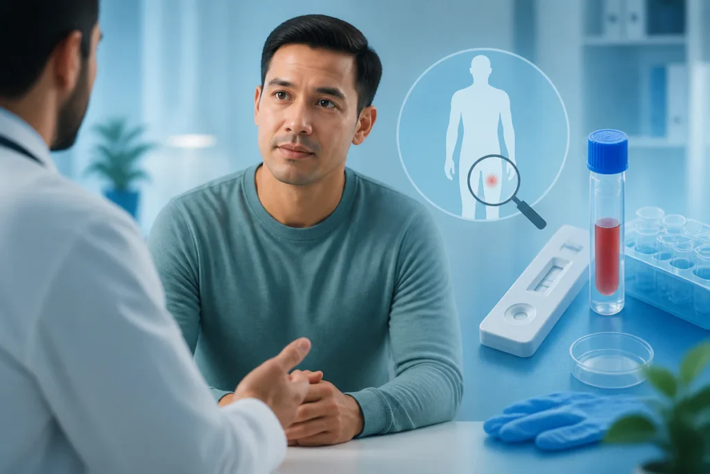 Illustration symbolique d’une inquiétude liée à un bouton génital, associée à une consultation médicale et au dépistage du VI