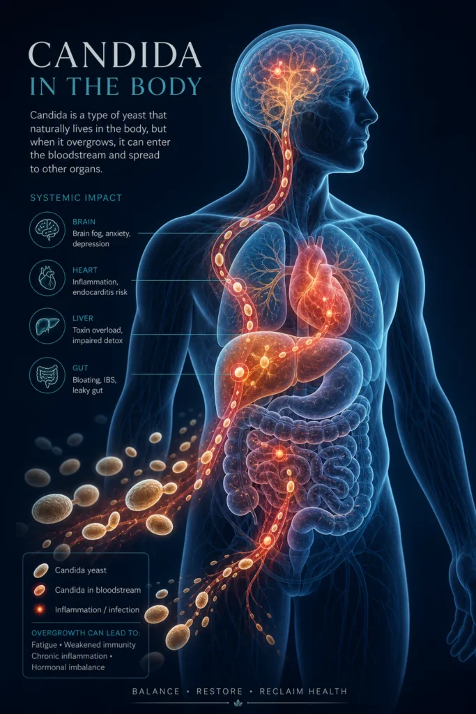 Modern medical illustration showing a translucent human body silhouette with internal organ systems and microscopic Candida y