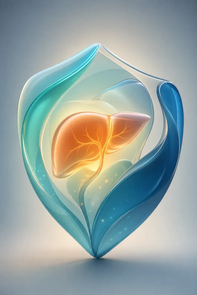 Abstract 3D medical illustration in teal and blue tones showing translucent organic flowing shapes forming a protective shiel