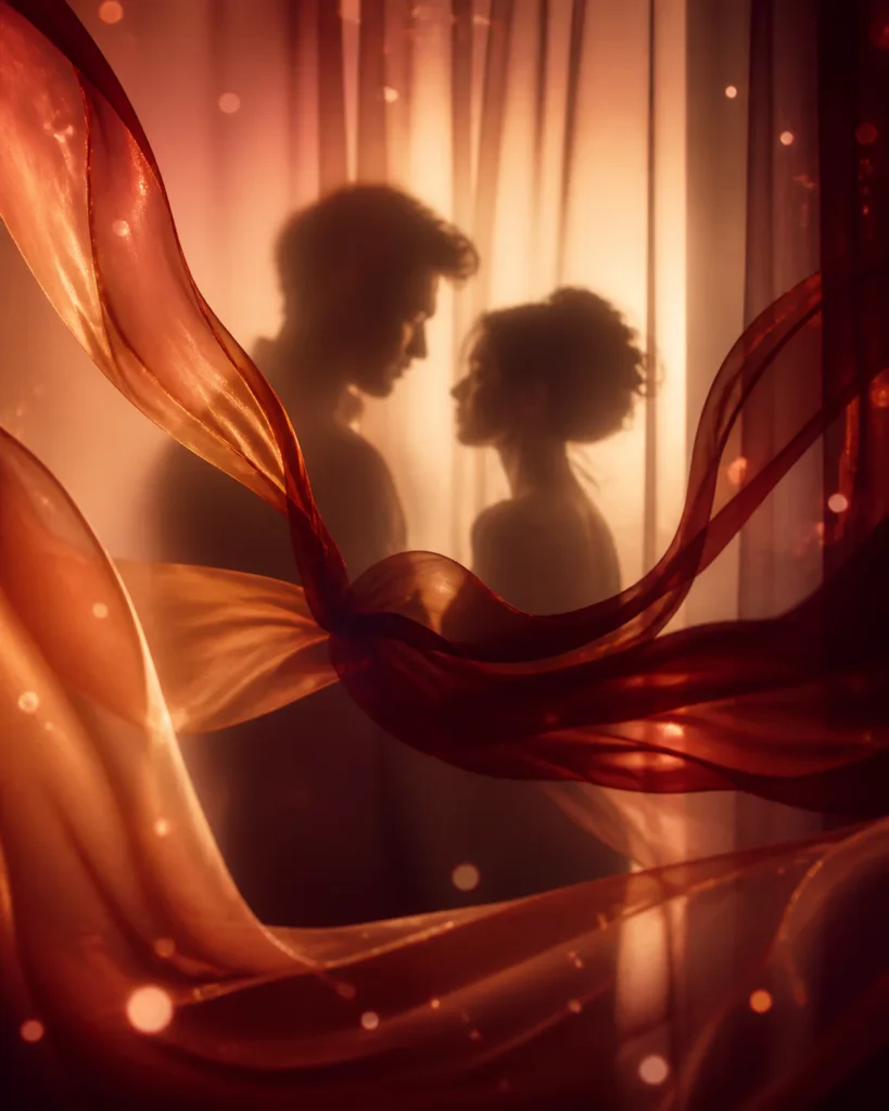 Artistic editorial photograph showing two abstract silhouettes facing each other in warm golden light, surrounded by flowing