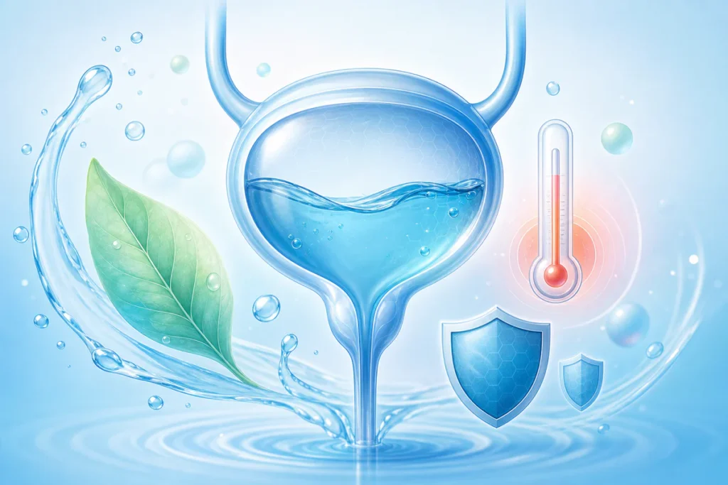 Illustration médicale stylisée montrant une vessie et des voies urinaires entourées de gouttelettes d'eau, évoquant l'hydrata