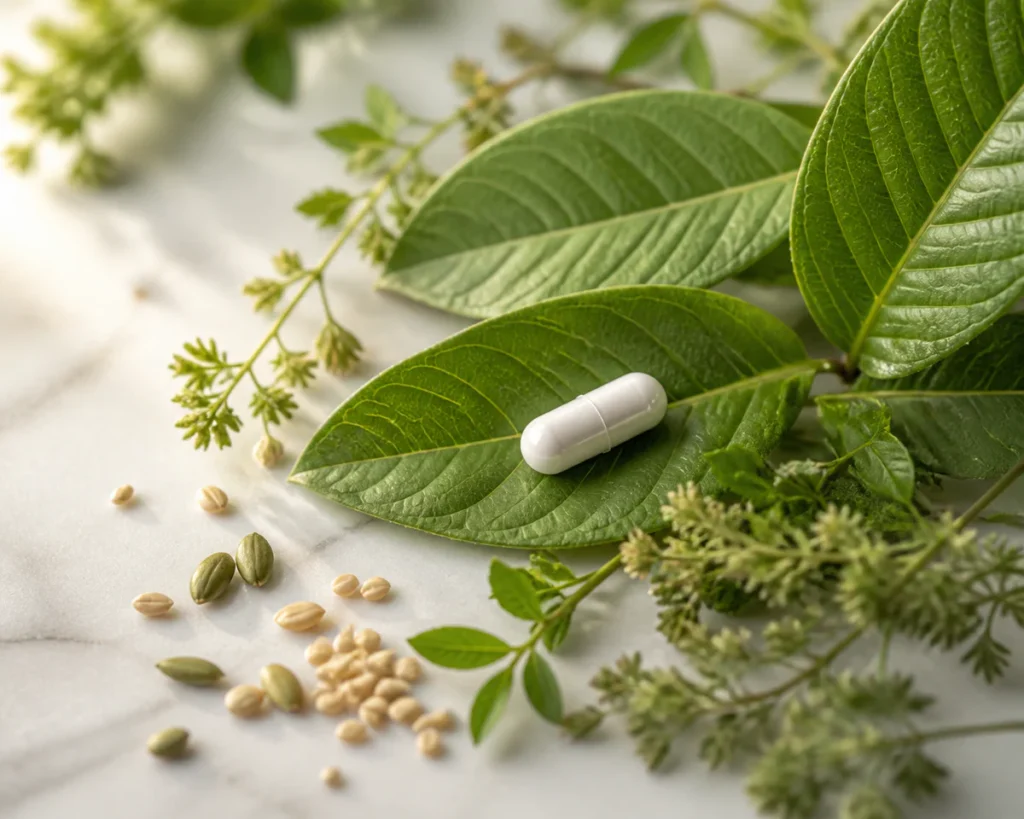 A white zinc supplement capsule placed on fresh green botanical leaves and sprigs, arranged on a clean light surface, represe