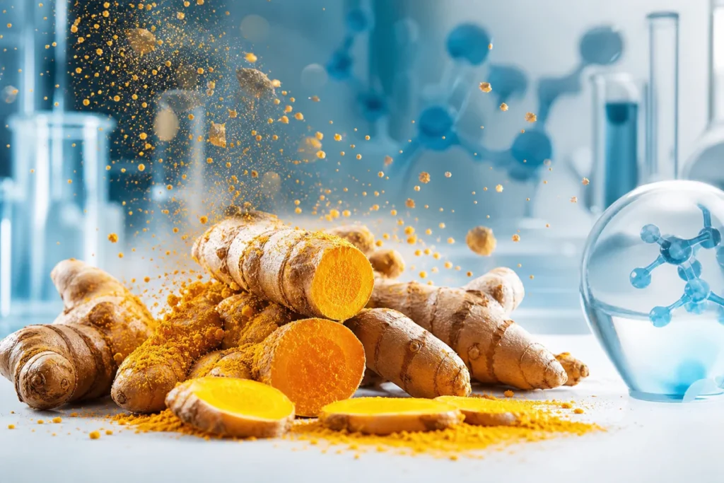 Photographie éditoriale professionnelle de rhizomes de curcuma frais coupés révélant leur intérieur doré, avec des particules
