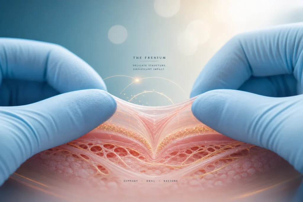 Abstract medical illustration depicting delicate tissue fibers with healing particles and gloved hands symbolizing profession