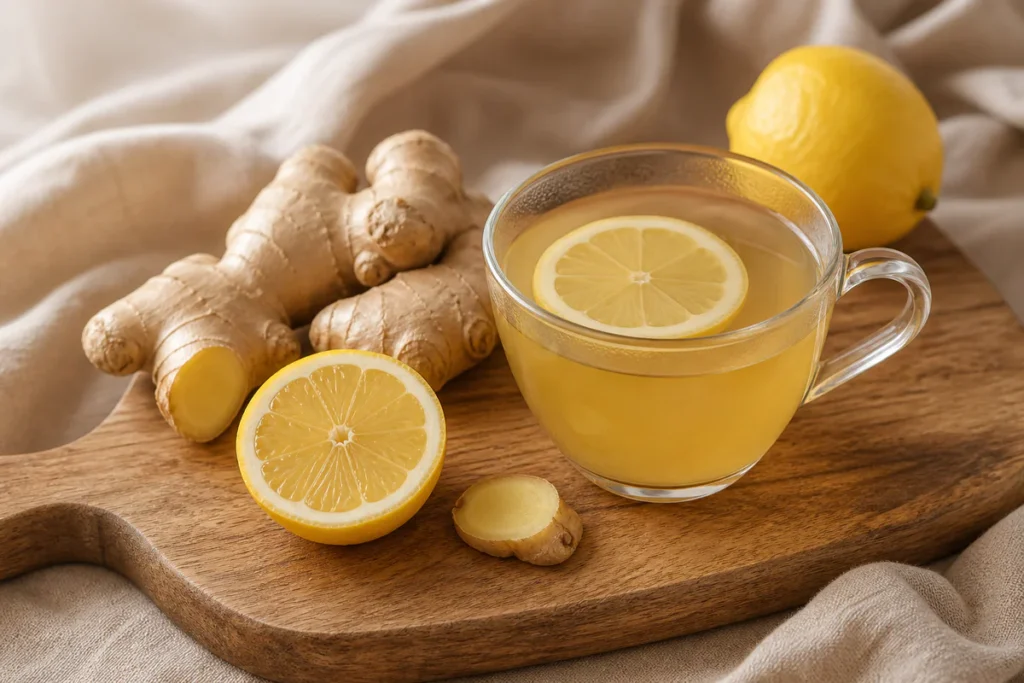 Still life photograph of fresh ginger root, a sliced lemon, and a clear glass cup of warm ginger lemon infusion arranged on a
