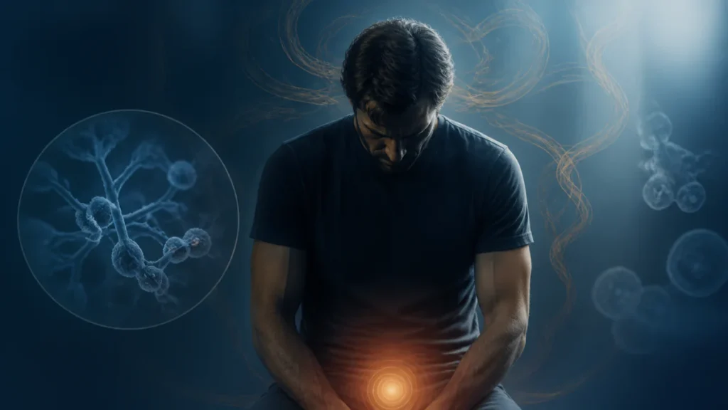 Illustration symbolizing the distinct and potentially overlapping experiences of mycose, fatigue and stress in men's health.