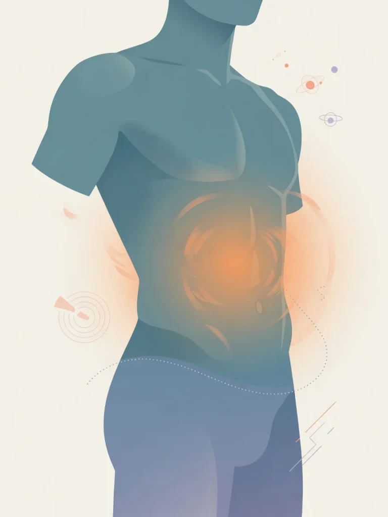 Illustration éditoriale stylisée d'un torse masculin avec une zone abdominale illuminée en orange ambre symbolisant la douleu