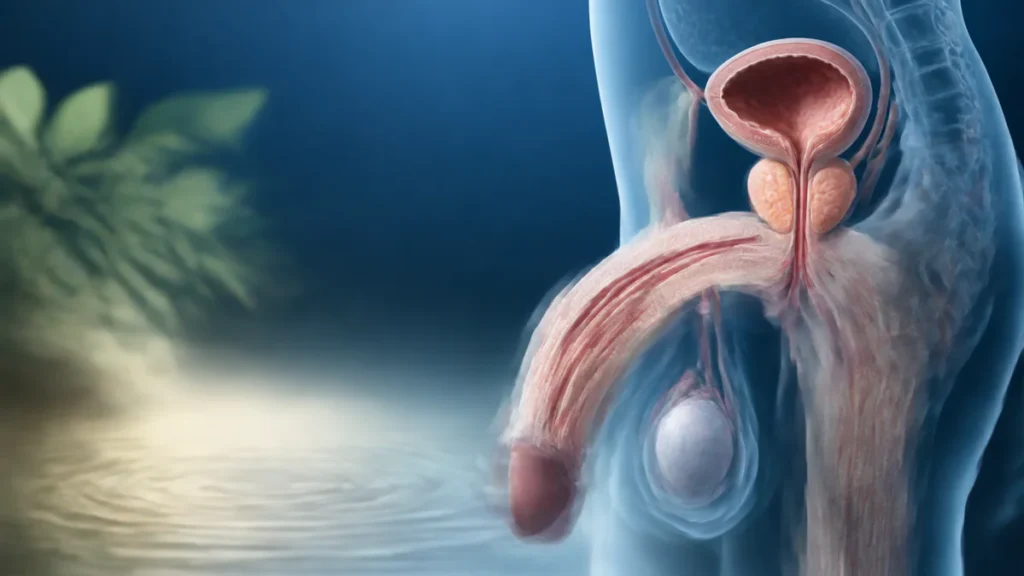 Conceptual medical illustration of a narrowed urethral passage accompanied by gentle natural elements symbolizing supportive
