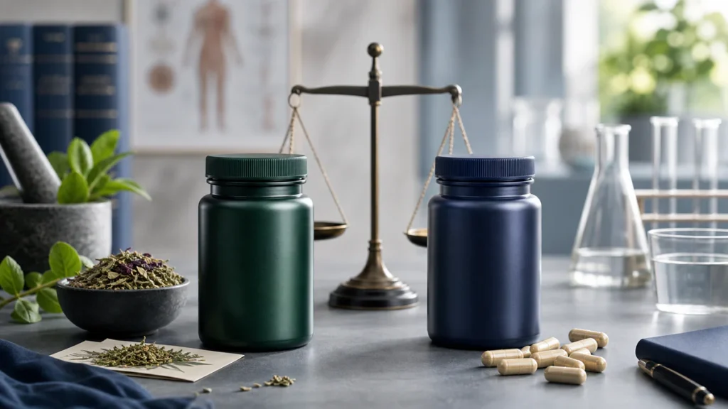 Two unbranded supplement containers presented side by side in a clean clinical setting to symbolize an evidence-based compari