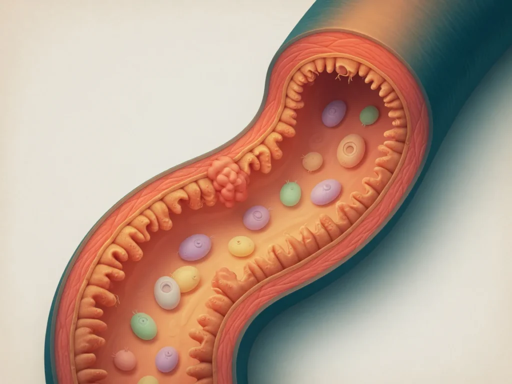 Illustration médicale stylisée d'une coupe transversale de l'intestin humain dans des tons ambre, corail et sarcelle, représe