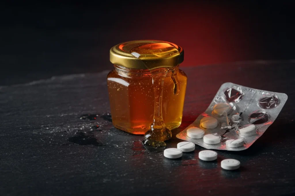 Editorial still-life photograph showing a small jar of golden honey next to a blister pack of pills on a dark slate surface,