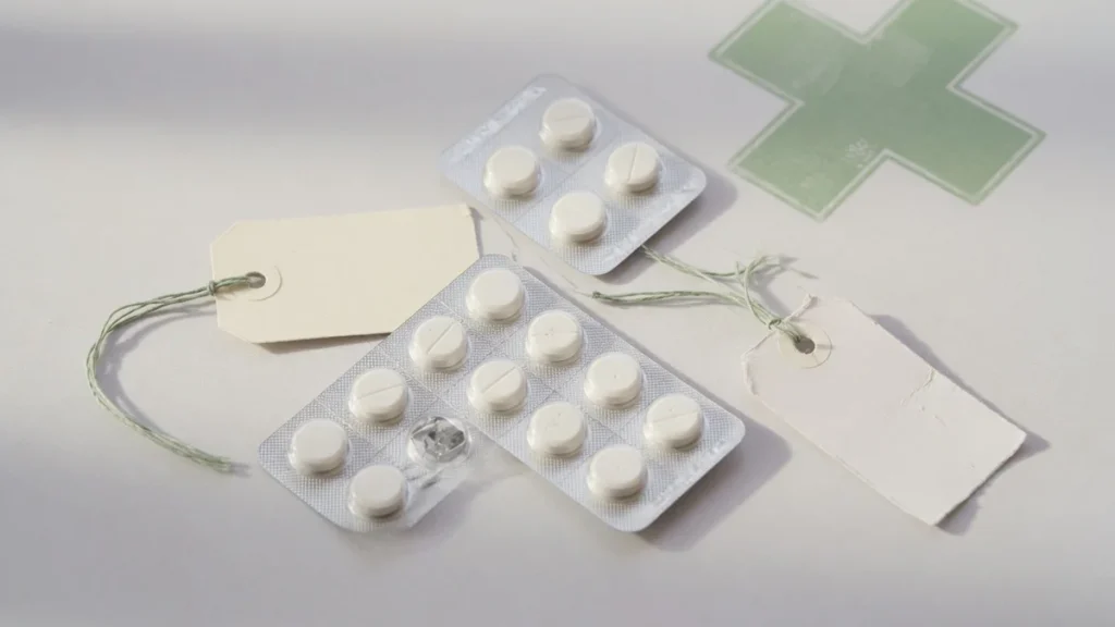 Professional flat-lay photograph showing pharmaceutical blister packs of tablets with small price tag cards on a clean surfac