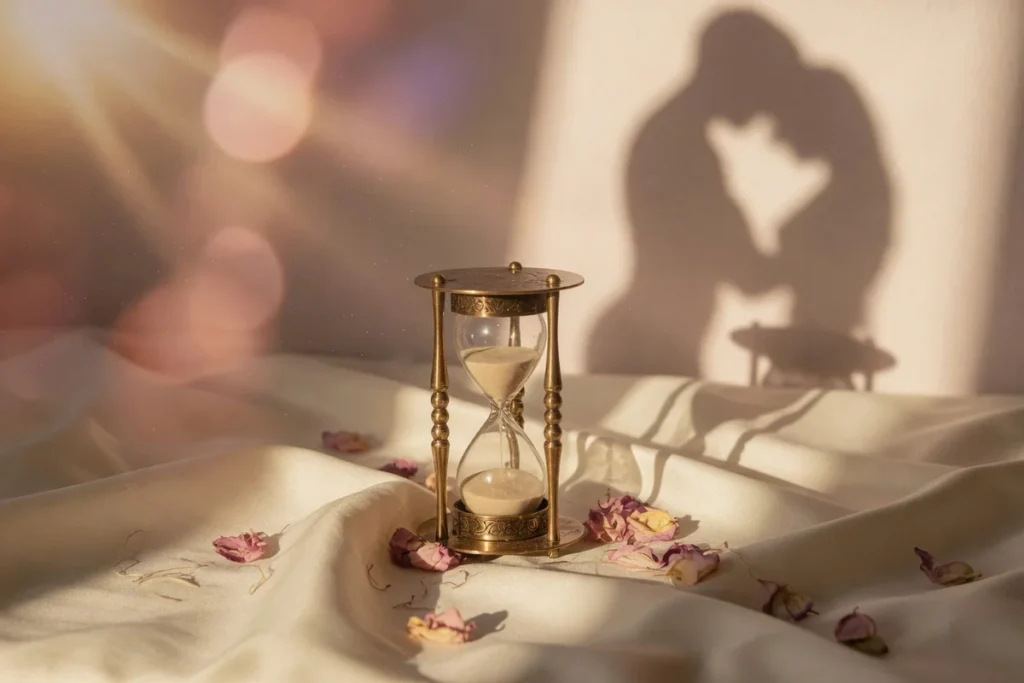 A vintage brass hourglass resting on soft cream silk sheets in warm golden light, symbolizing the passage of time during inti