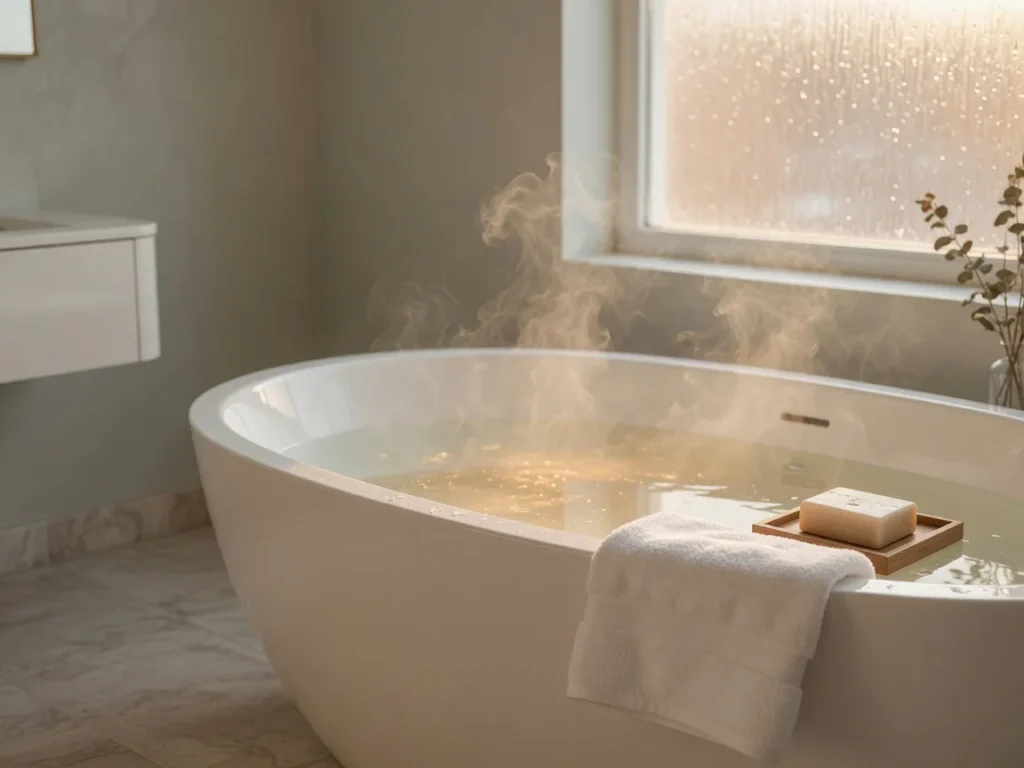 Image d'illustration représentant une salle de bain moderne et épurée avec une baignoire blanche remplie d'eau claire, de la