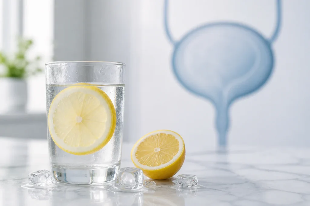 A clear glass of lemon water on a white marble surface with a fresh lemon slice, accompanied by a subtle abstract medical ill
