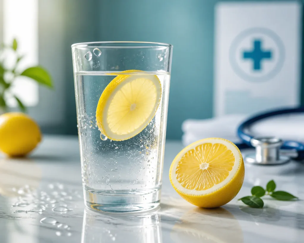 A professional still life photograph showing a tall glass of fresh lemon water with a lemon slice on a marble surface, surrou