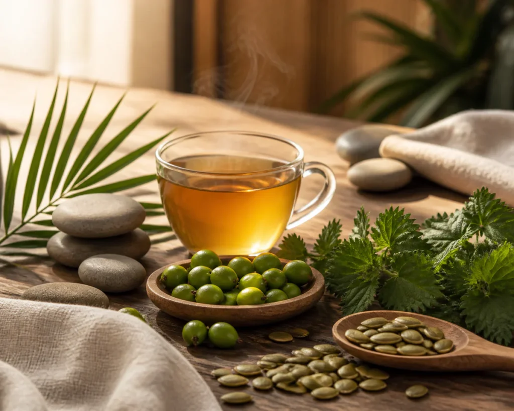 Composition of natural wellness elements including herbal tea, medicinal plants, pumpkin seeds and smooth stones arranged on