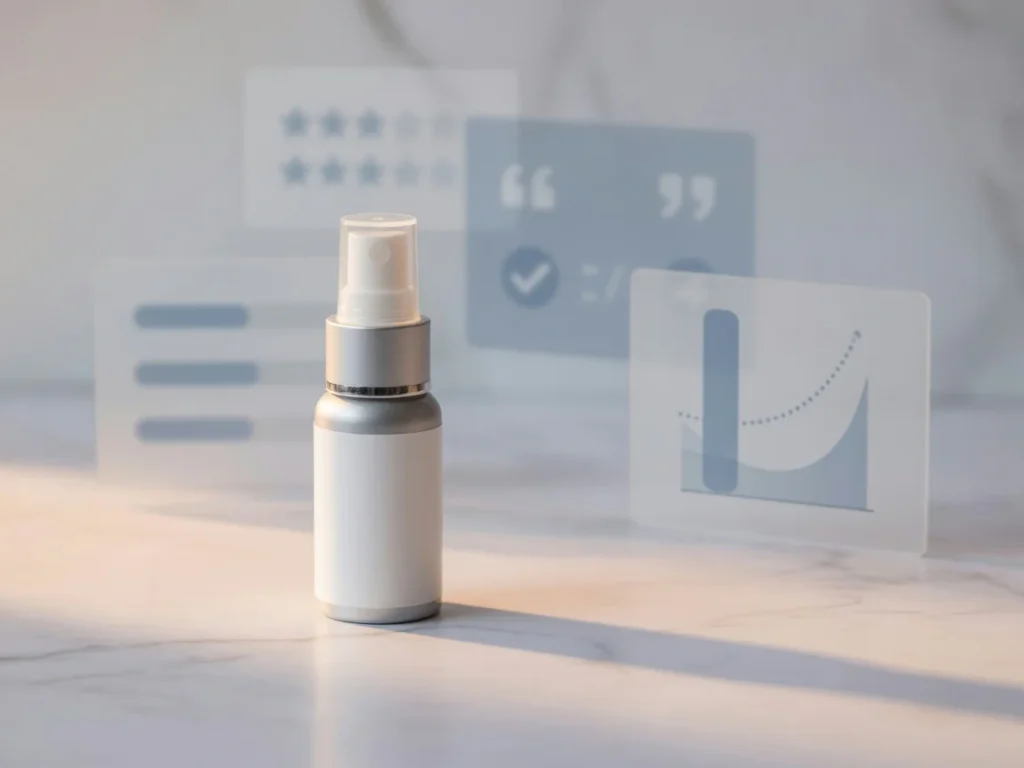 Professional product photography showing a white and silver spray bottle on a marble surface with soft clinical lighting and
