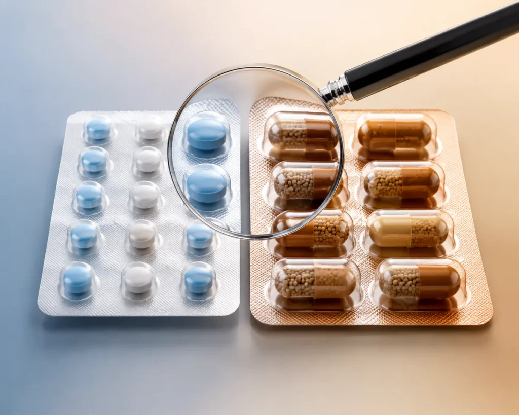 Professional pharmaceutical composition showing two distinct pill blister packs in cool and warm toned packaging side by side
