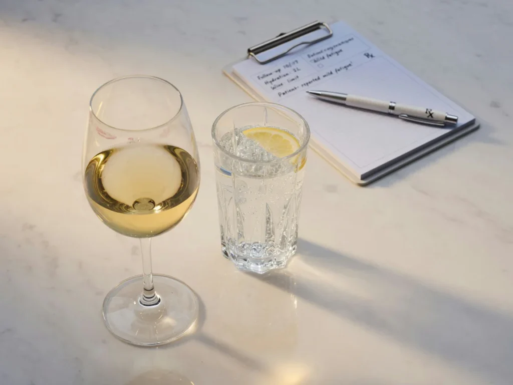 Minimalist editorial still life showing a glass of white wine next to a glass of sparkling water on a clean marble surface, s