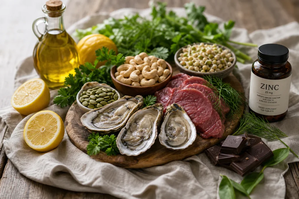 Flat lay photograph of zinc-rich whole foods including oysters, pumpkin seeds, cashews, dark chocolate, beef, and lentils arr