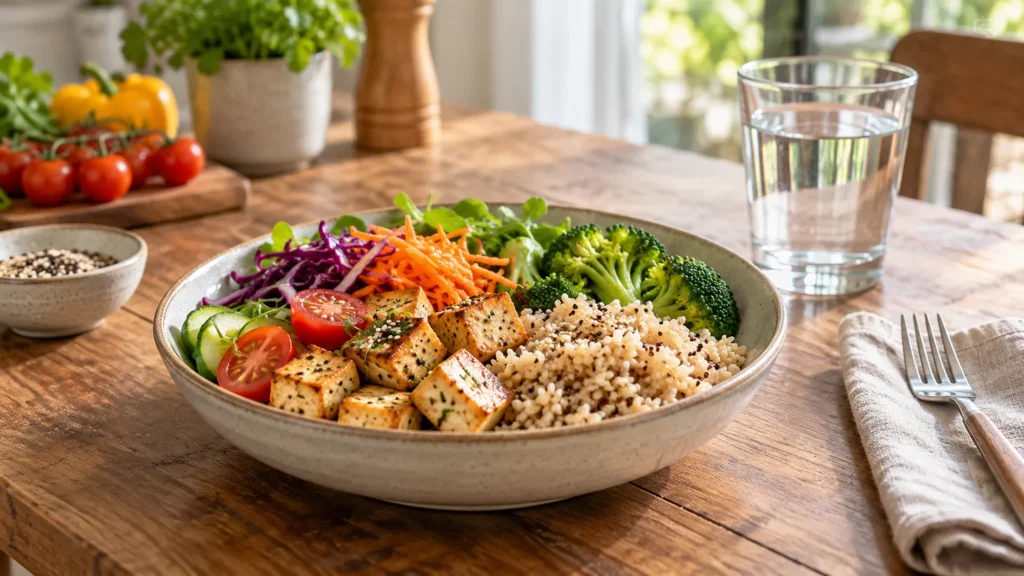 Repas varié composé de tofu, légumes, céréales complètes et eau, dressé sur une table.
