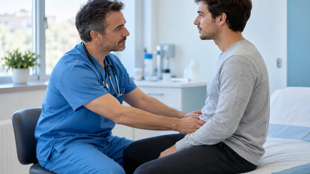 Un médecin échange avec un patient dans un cabinet médical lumineux.