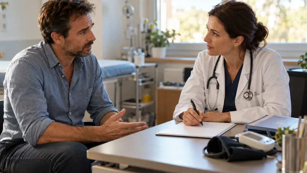 Un homme assis dans un cabinet médical discute avec un médecin en blouse blanche qui tient un stylo au-dessus d'une ordonnance posée sur le bureau