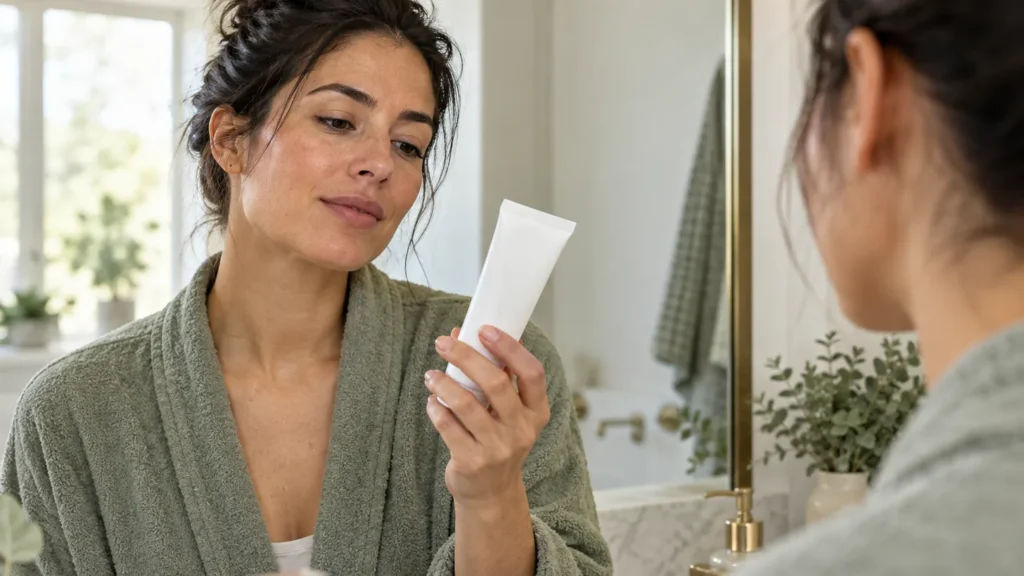 Femme examinant un tube de crème neutre devant un miroir de salle de bain