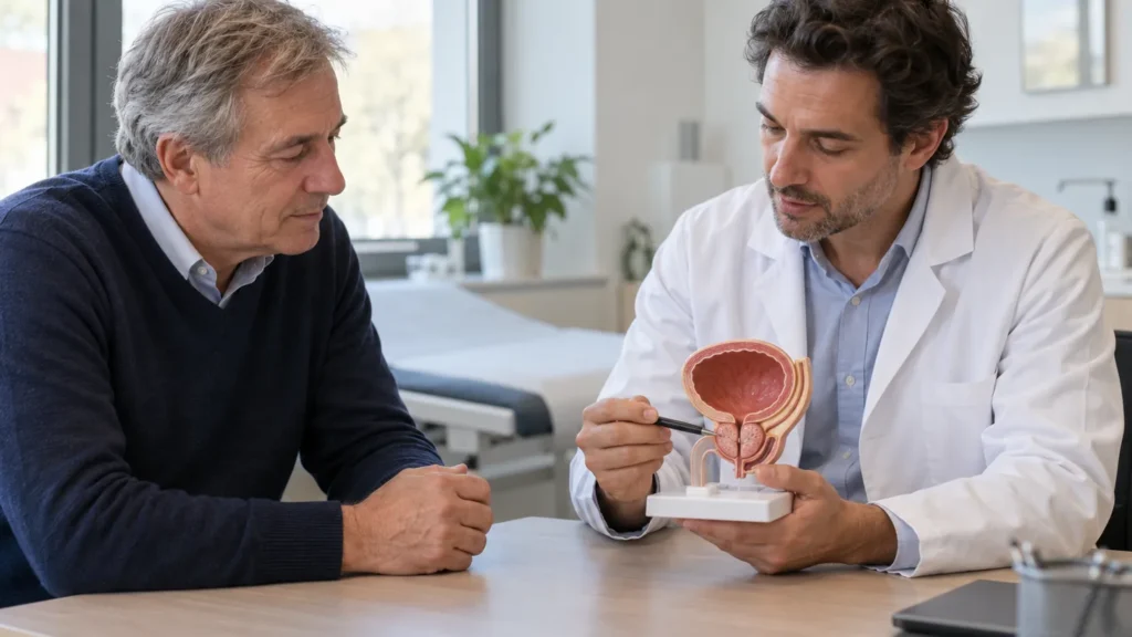 Homme en consultation devant une maquette de la vessie et de la prostate