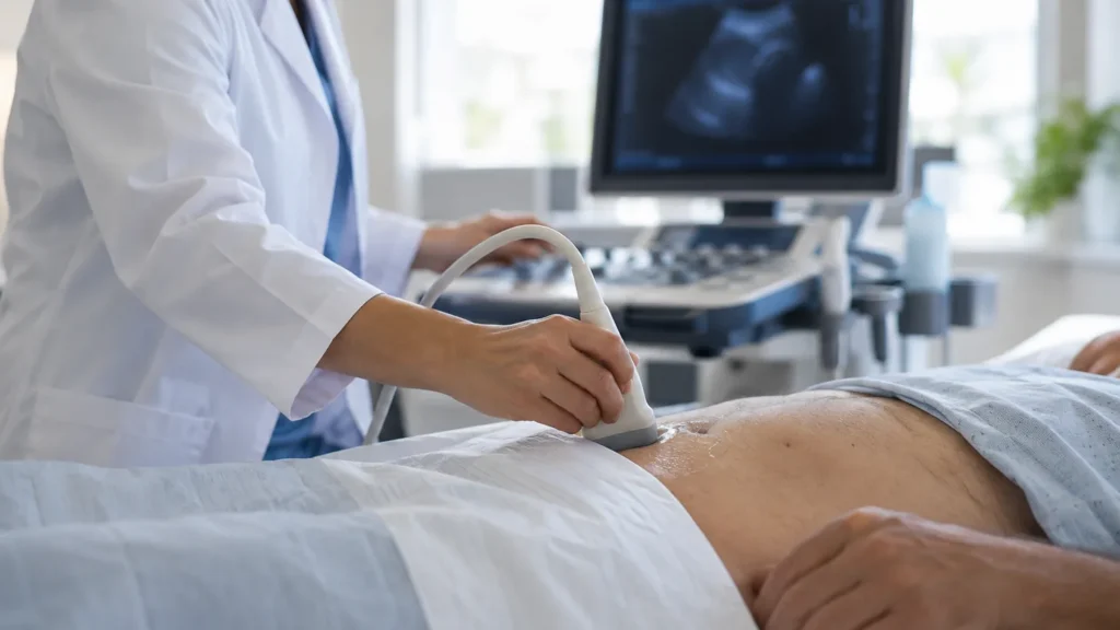 Échographie de la prostate par voie pelvienne, réalisée avec une sonde posée sur le bas-ventre d’un patient allongé