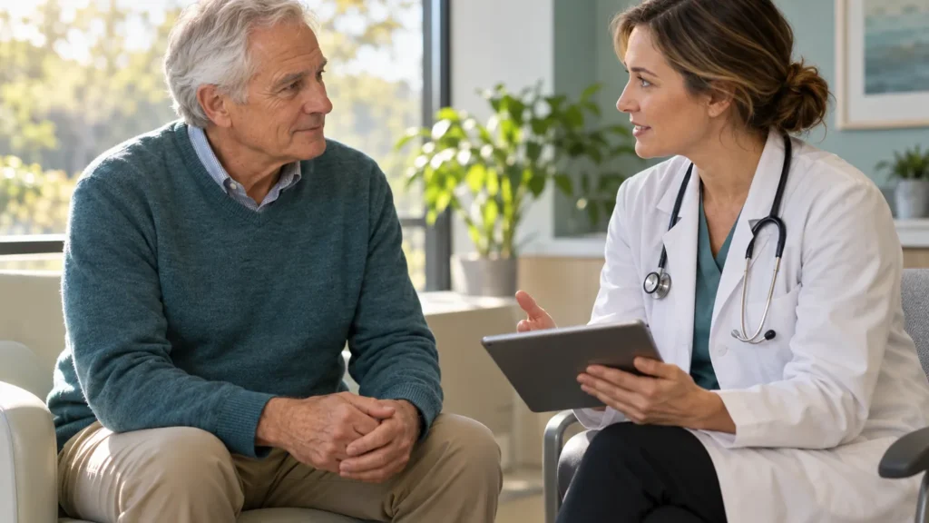 Un homme de soixante ans échange avec son médecin dans un cabinet lumineux, consultation sur les effets secondaires de l'hormonothérapie