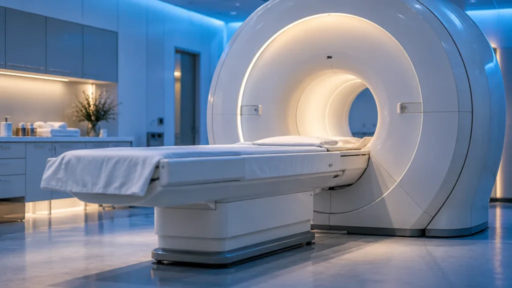 Appareil d’IRM et table d’examen dans une salle de radiologie