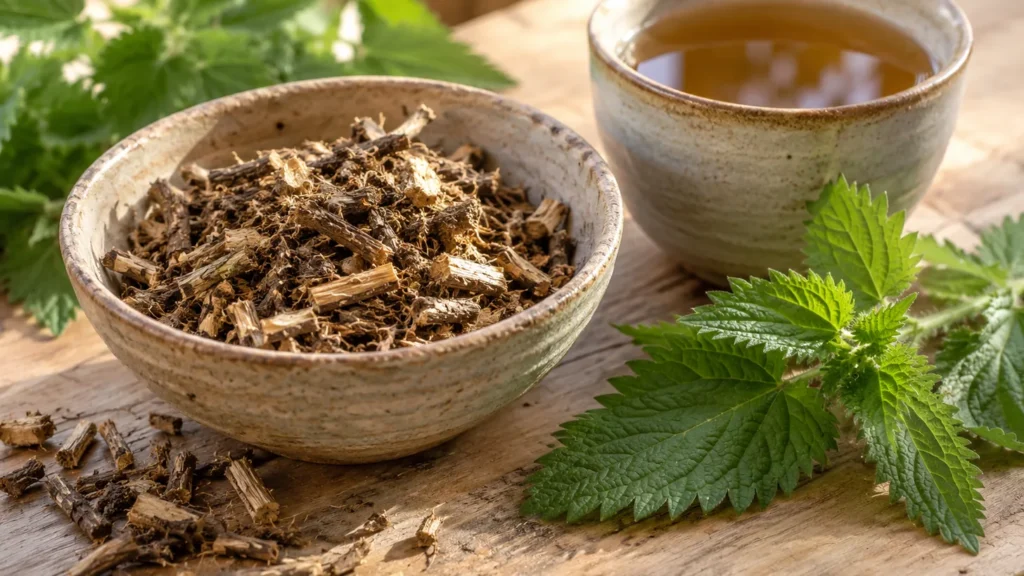 Racines séchées dans un bol, feuilles d’ortie et tasse sur une table en bois