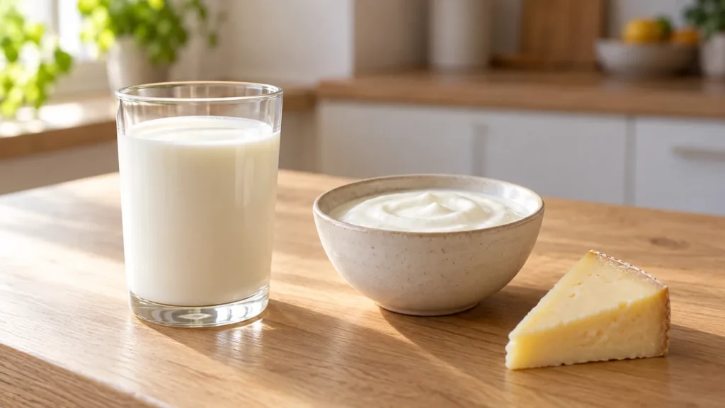 Un verre de lait, un bol de yaourt nature et un morceau de fromage sur une table en bois clair.