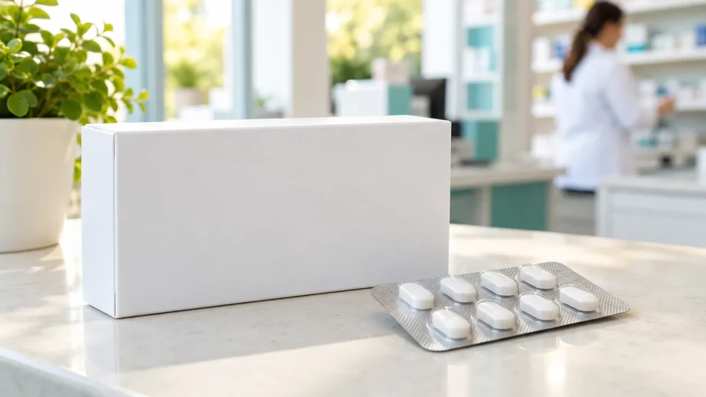 Boîte et plaquette de tadalafil générique sur le comptoir d’une pharmacie