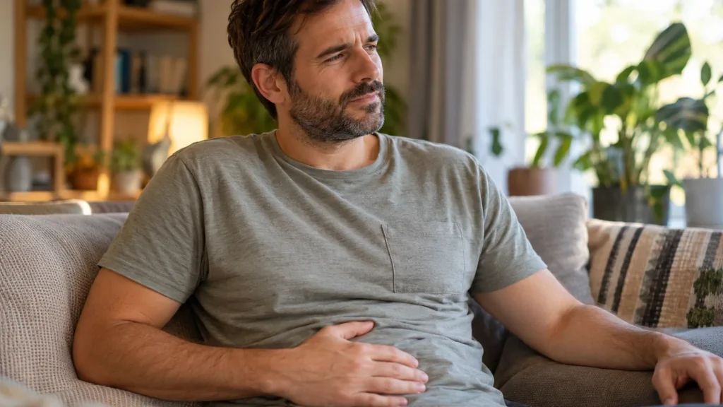 Homme d’environ 40 ans assis chez lui, une main posée près de son abdomen