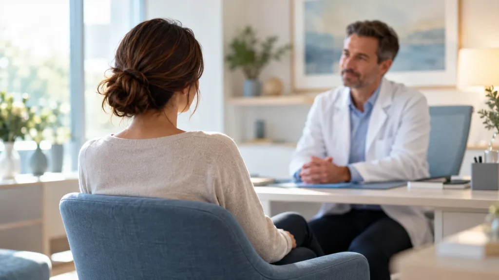 Femme en consultation avec un médecin dans un cabinet médical