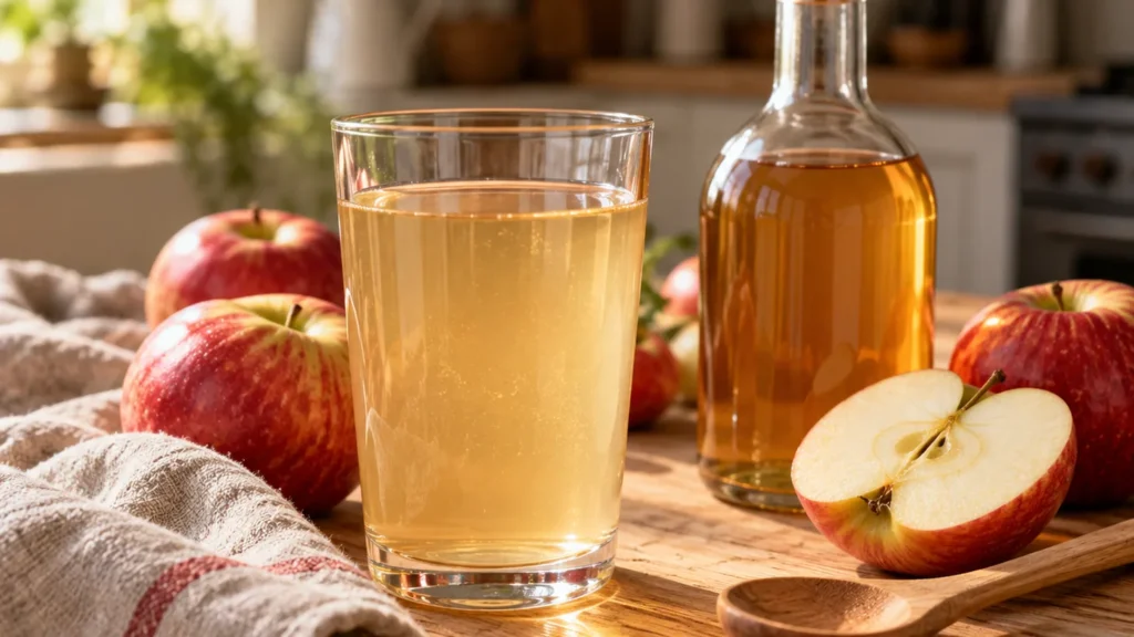 Verre de boisson claire, bouteille ambrée, pommes et cuillère en bois sur un plan de travail